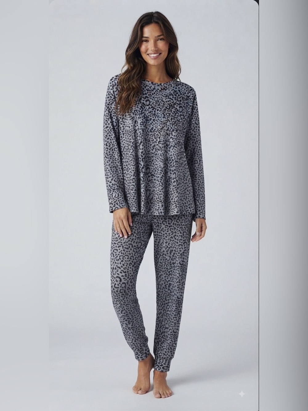 NWT Zenana Cozy Leopard-Print Long Sleeve Pajama Set - Gray 1X